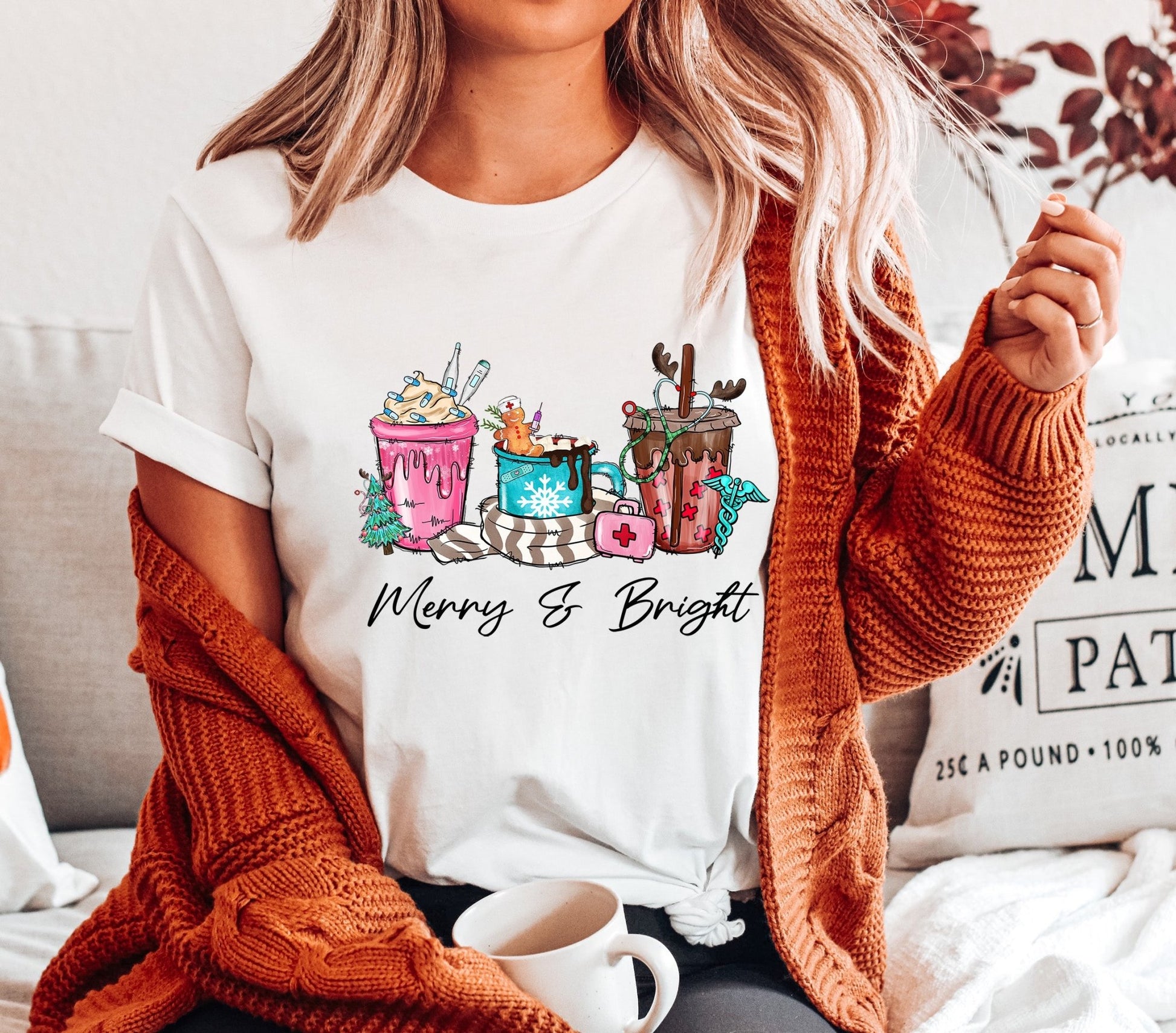 Merry & Bright Nurse Coffee Christmas DTF Transfer - Crown Transfers